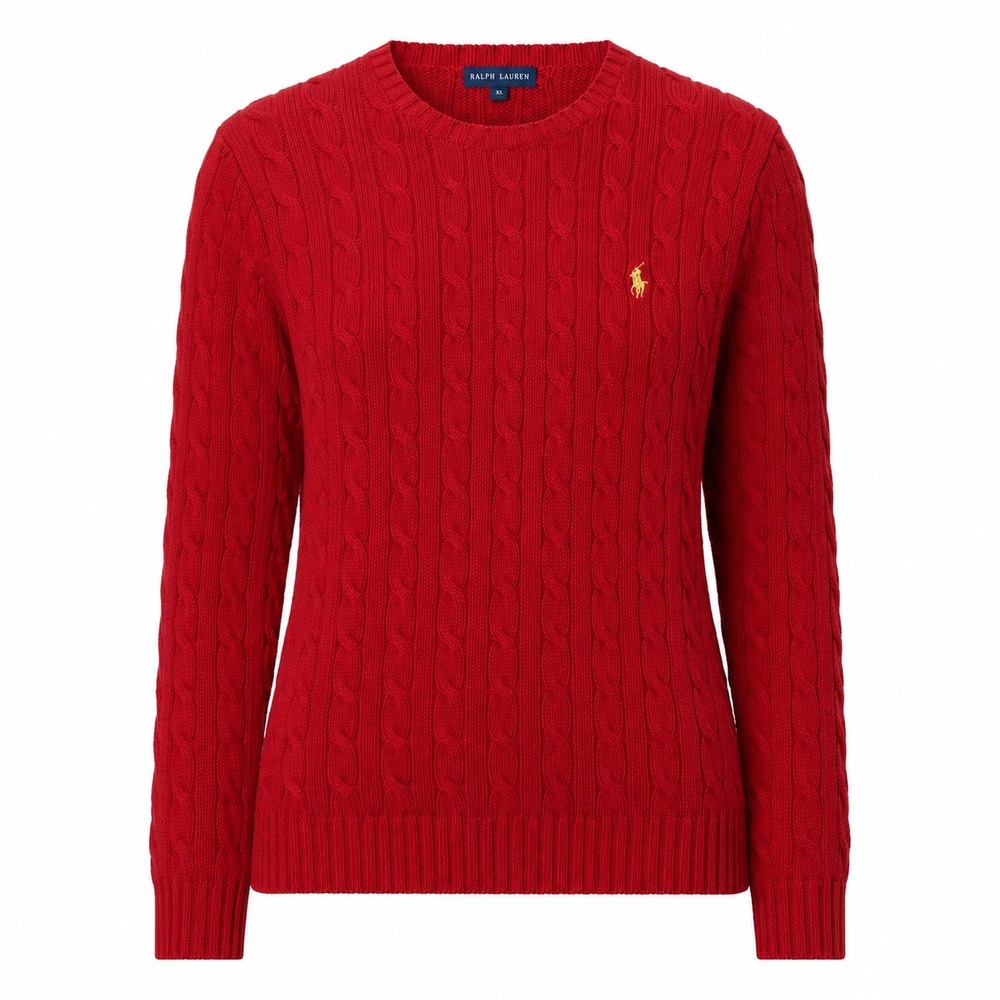 Ralph Lauren Womens Red Cable Knit Cotton Crew Neck Sweater Gold Pony Size Large